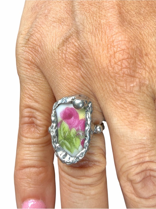 Hand Crafted Jewelry - Royal Albert Old Country Roses Broken China Ring - Boho Silver Blend Size 6.5